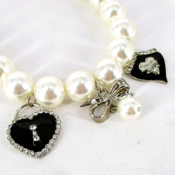 Express 18" Enamel Hearts Bows Chunky Faux Pearls Necklace Rhinestones Silver - Picture 3 of 6
